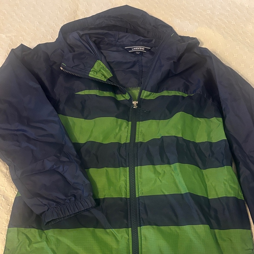 Lands' End Kids Navy and Lime Striped Raincoat